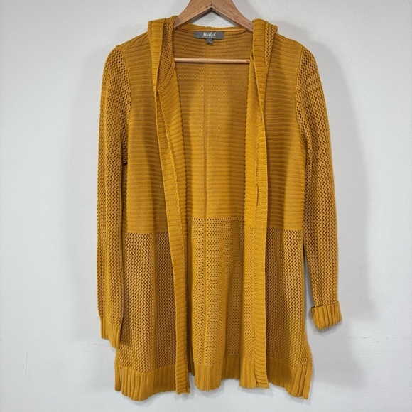 Marled Mustard Yellow Hooded Open Front Cardigan Sweater Size M - Picture 3 of 6
